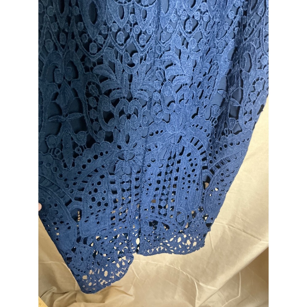 Lace Midi Dress Women 6  Navy Blue Excellent Cold Shoulder Puff Sleeve Square - Picture 8 of 13